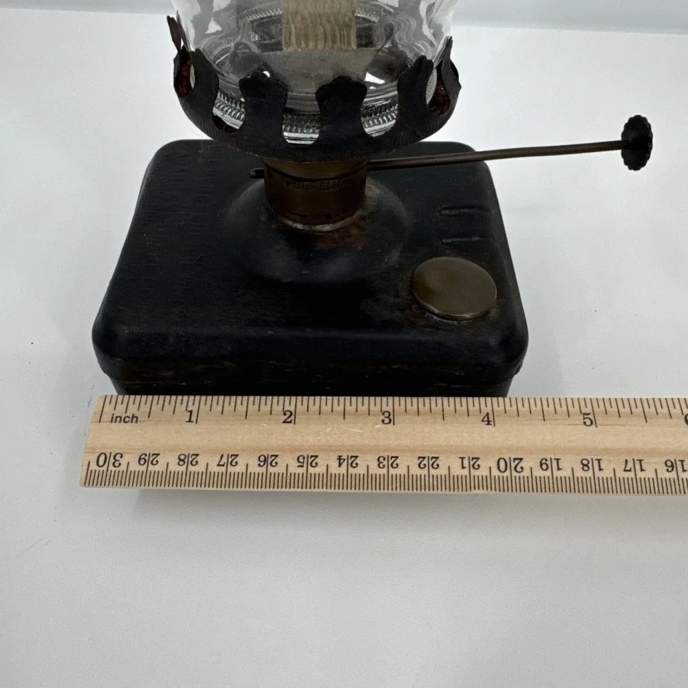 Antique Adams & Westlake Co. Compact‎ Table Top Kerosene Oil Lamp Tin Tank Glass